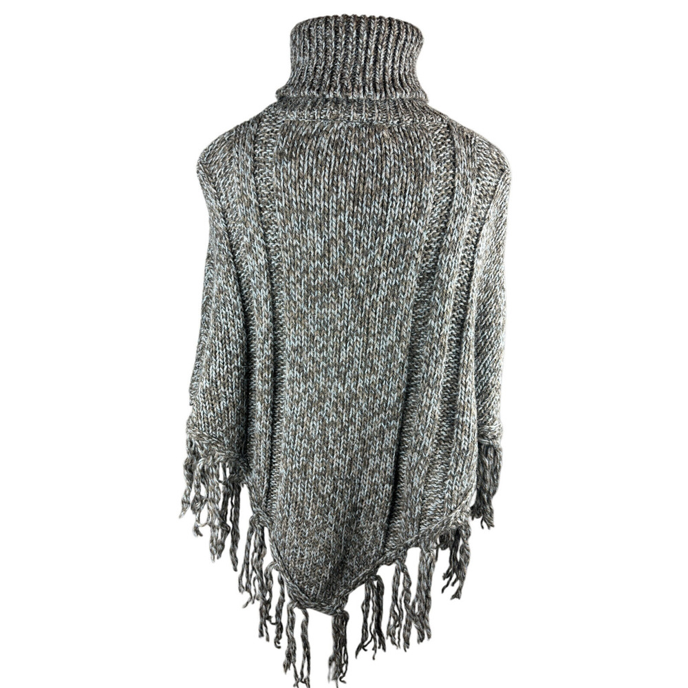 Inis Crafts 100% Merino Wool Poncho Sweater Cape Fringe Brown Irish Made S/M - Picture 15 of 16